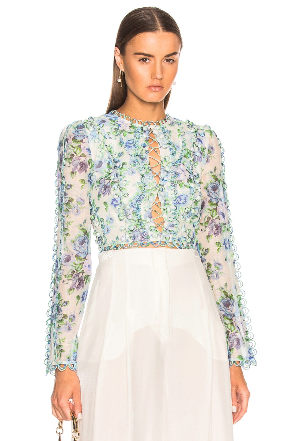 Image 1 of Zimmermann Breeze Laced Bodice Top in Azure Wallpaper Floral