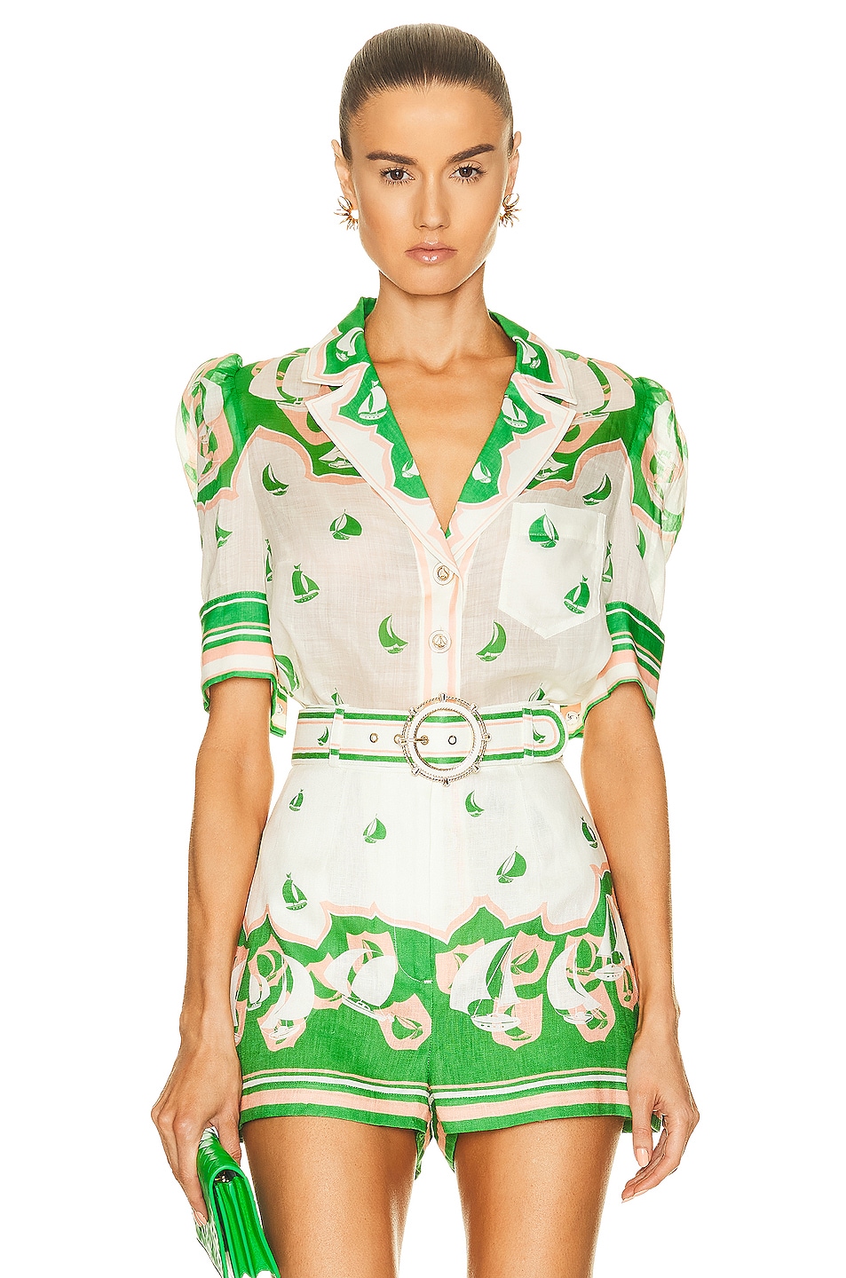 Image 1 of Zimmermann High Tide Sailboats Shirt in Green Sailboats