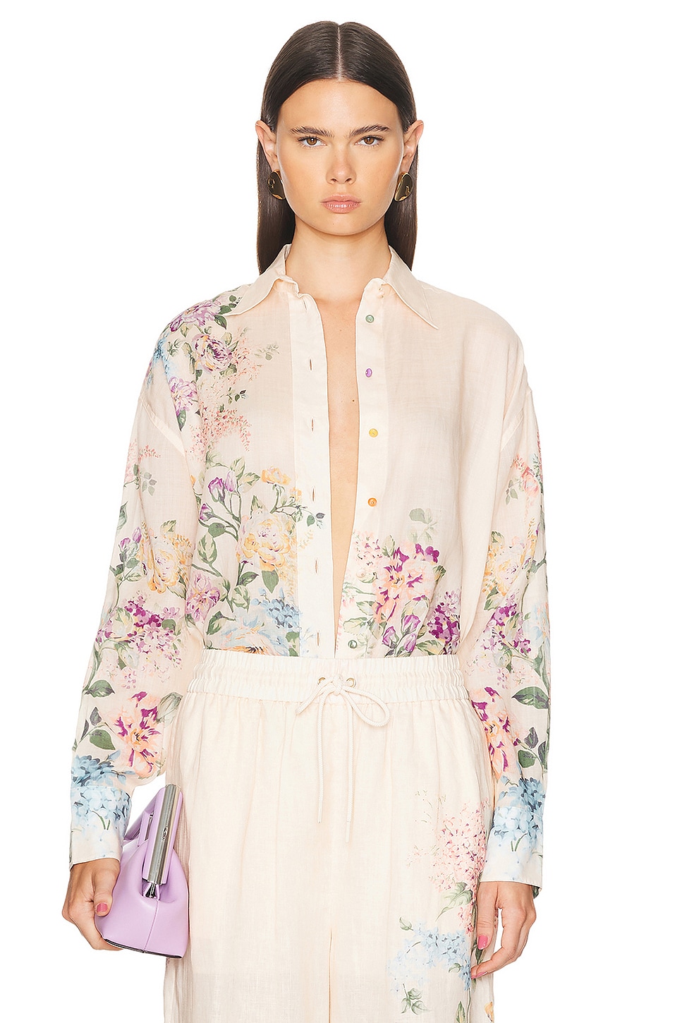 Image 1 of Zimmermann Halliday Relaxed Shirt in Cream Watercolour Floral