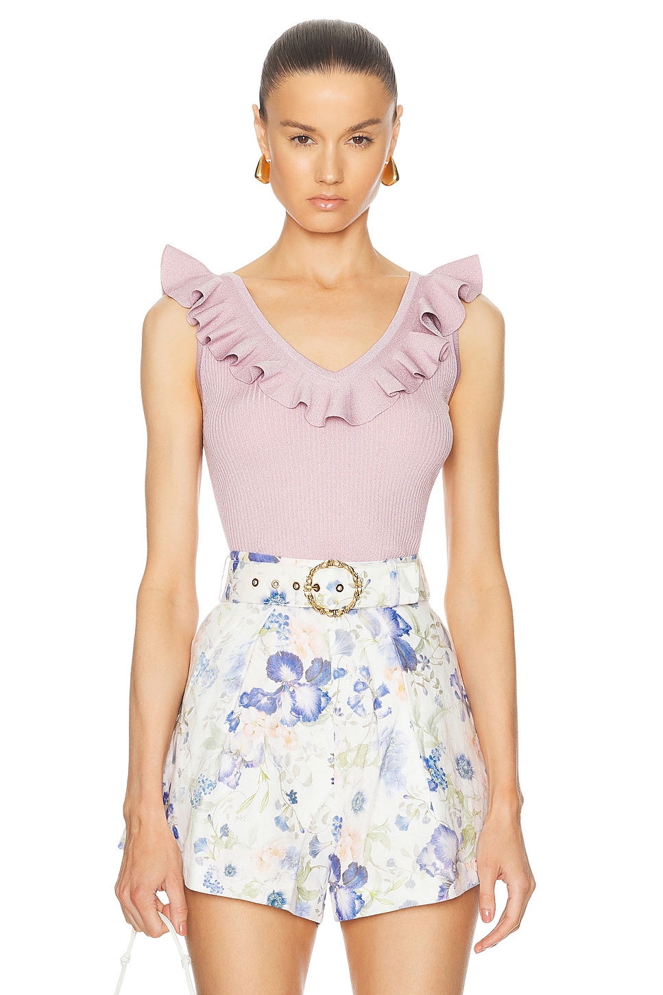 Image 1 of Zimmermann Halliday Frill V-neck Top in Dusty Pink Lurex