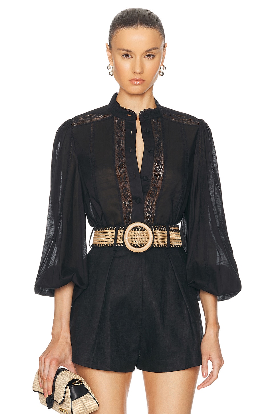 Image 1 of Zimmermann Halliday Lace Trim Shirt in Black