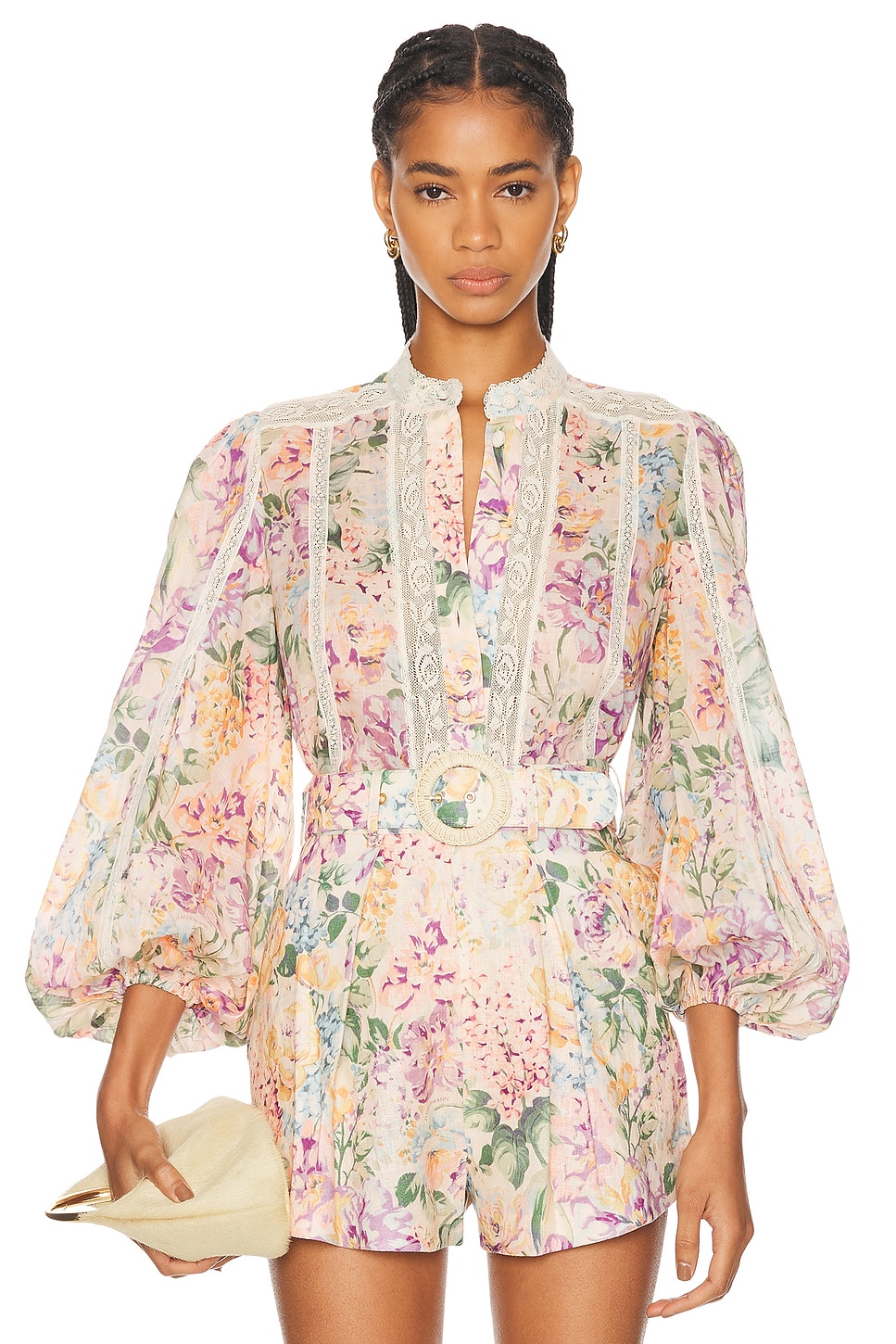 Image 1 of Zimmermann Halliday Lace Trim Shirt in Multi Watercolour Floral