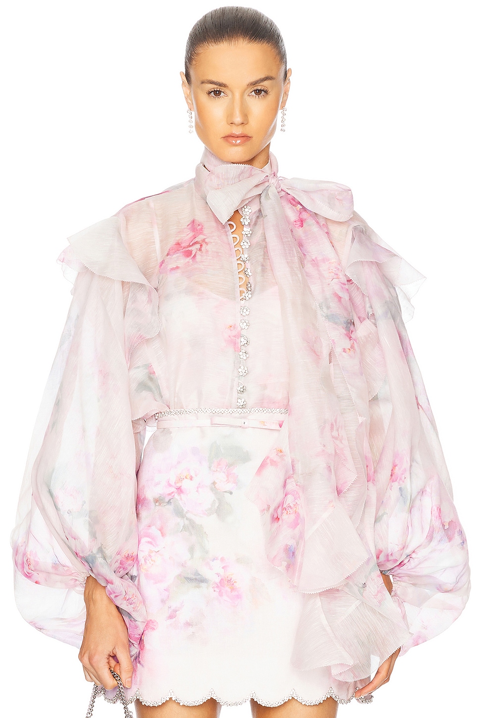 Image 1 of Zimmermann Crush Tie Neck Ruffle Blouse in Pink Floral