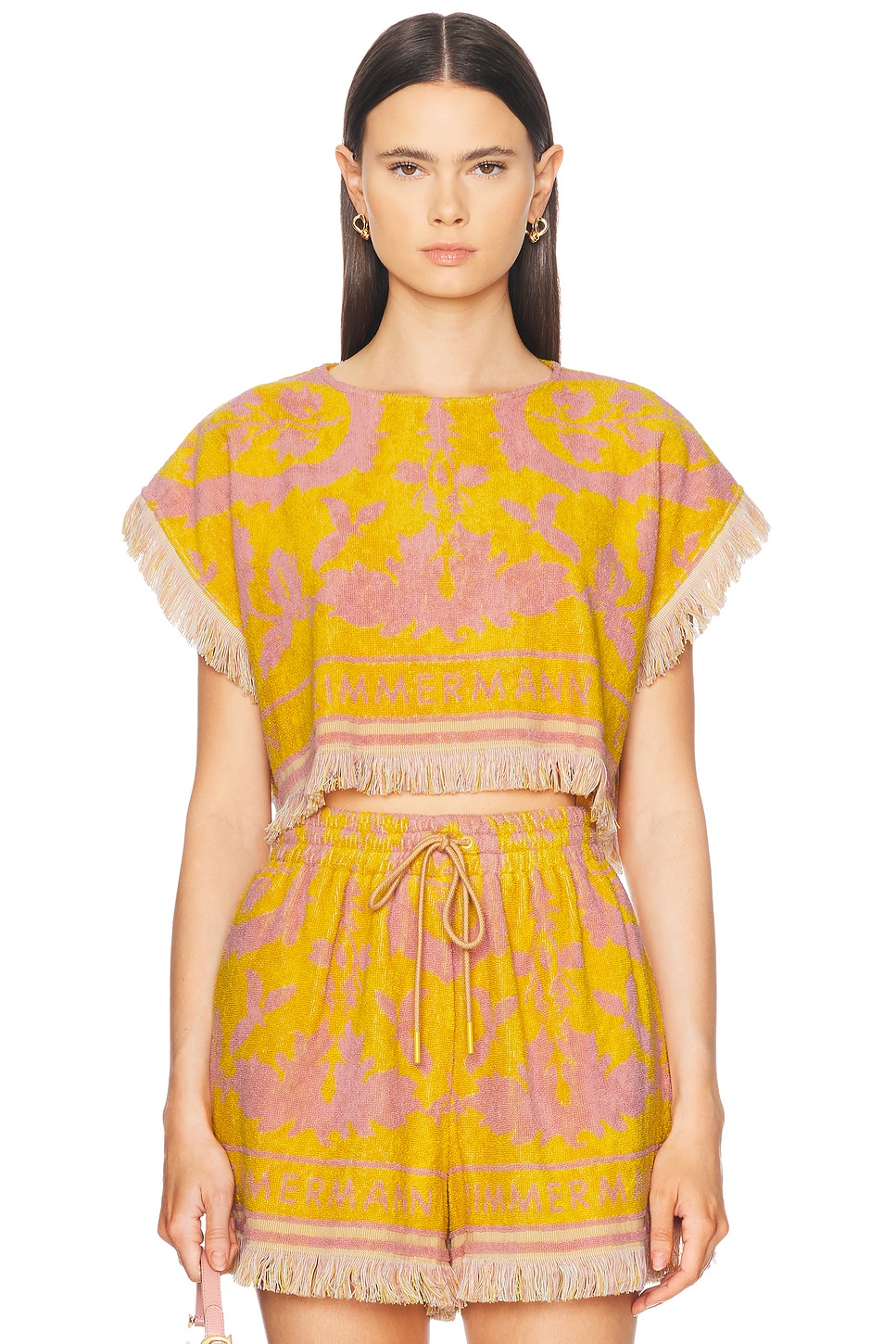 Image 1 of Zimmermann Wylie Toweling Crop Top in Mustard & Pink