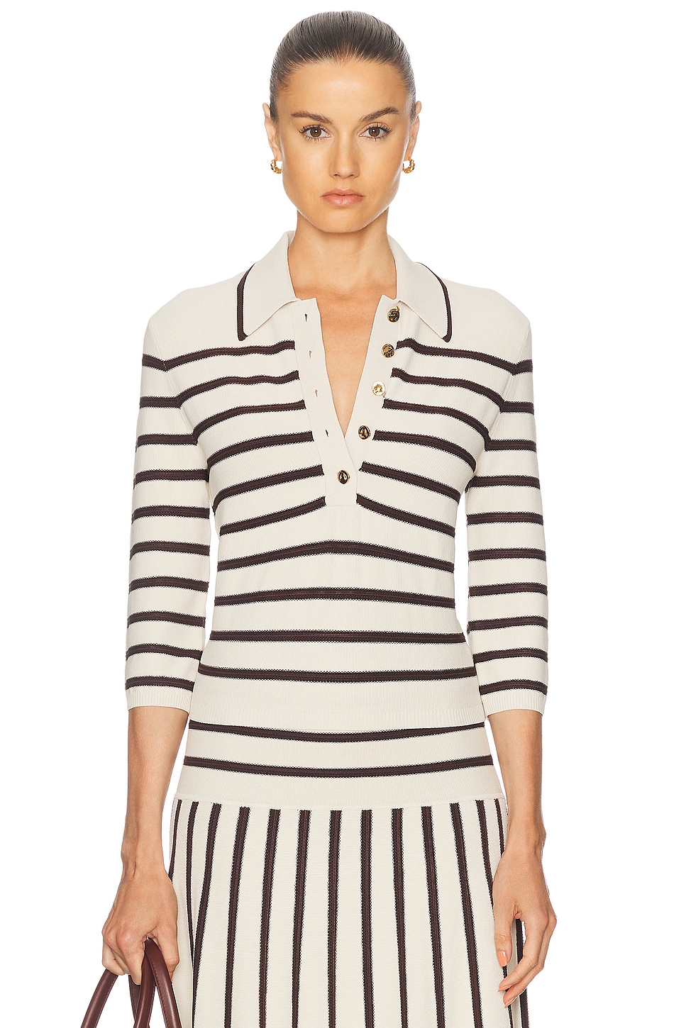Image 1 of Zimmermann Illuminate Stripe Polo Top in Cream & Chocolate