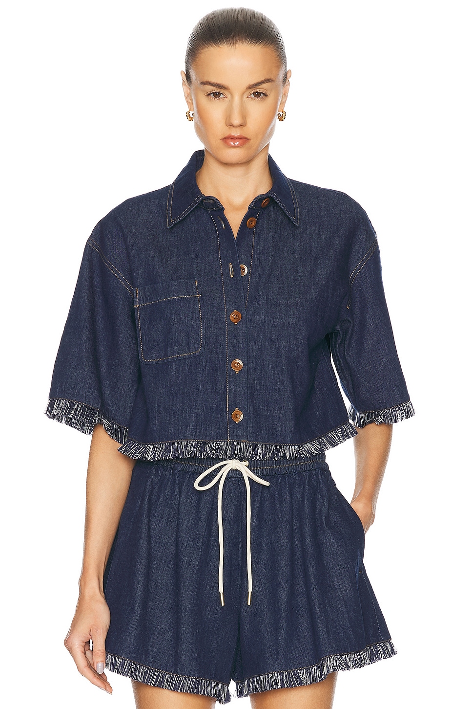 Image 1 of Zimmermann Rhiannon Fringe Denim Shirt in Atlantic