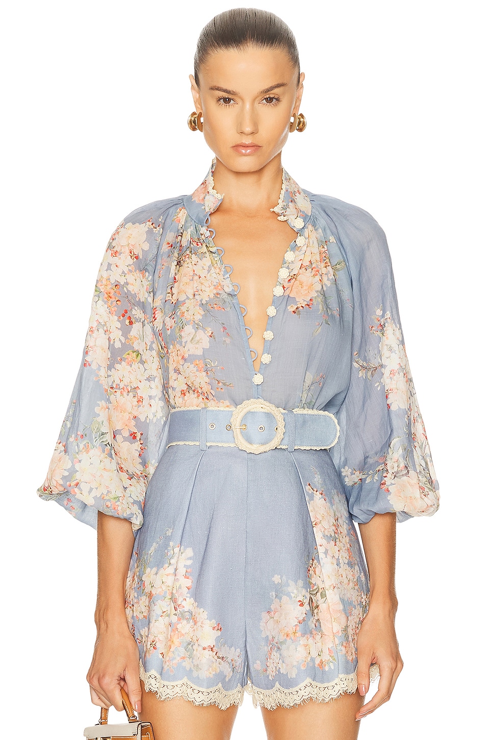 Image 1 of Zimmermann Cascadian Billow Blouse in Teal Blue Botanical Floral