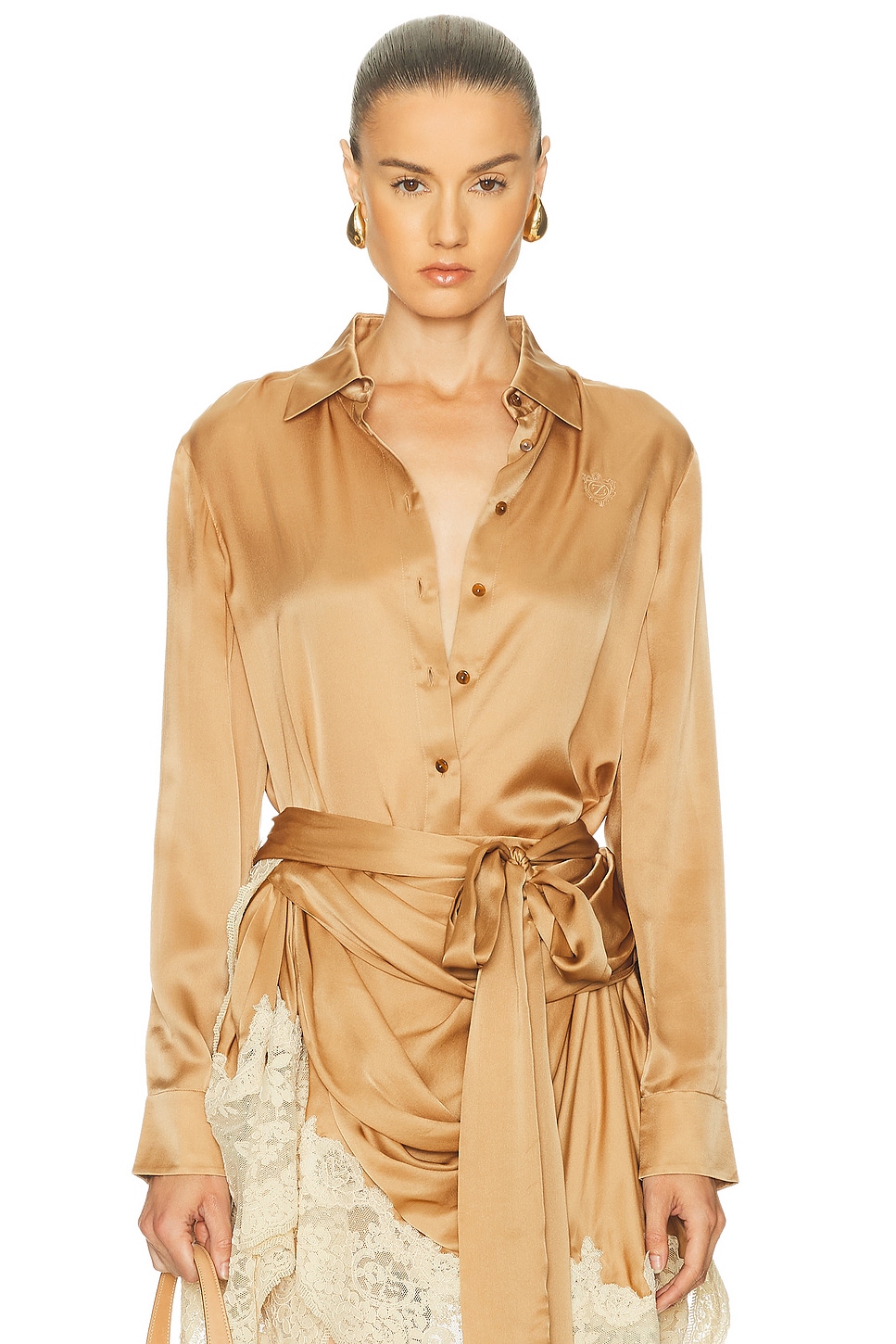 Image 1 of Zimmermann Hypnotic Satin Shirt in Biscuit