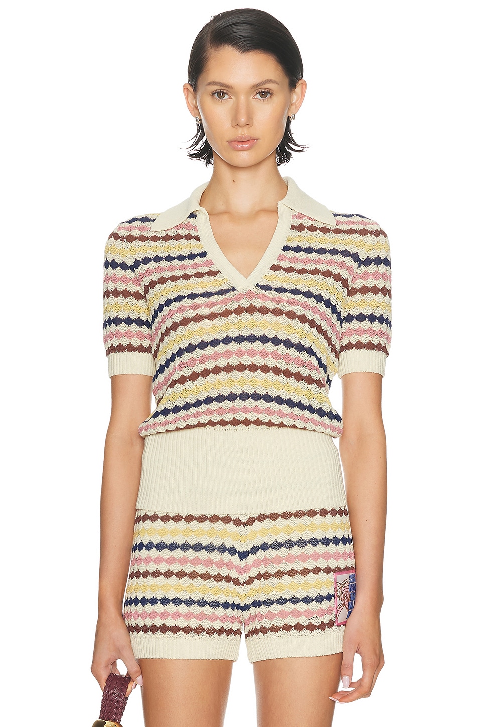 Image 1 of Zimmermann Awaken Scallop Knit Polo Top in Multi Stripe
