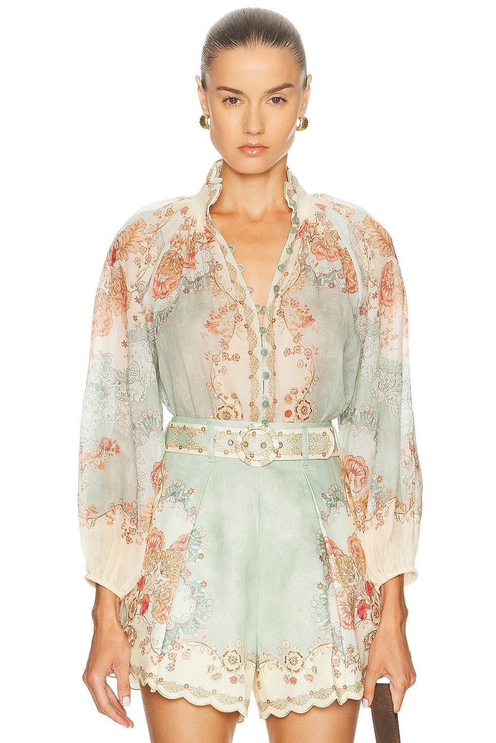 Image 1 of Zimmermann Daylight Blouse in Wallpaper Floral Mint
