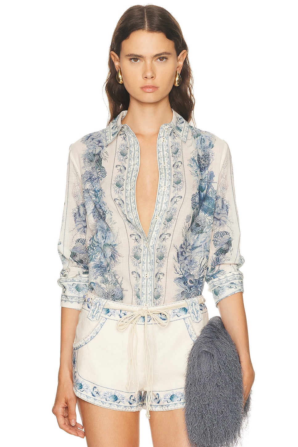 Image 1 of Zimmermann Wanderlust Body Button Down Top in Blue Toile