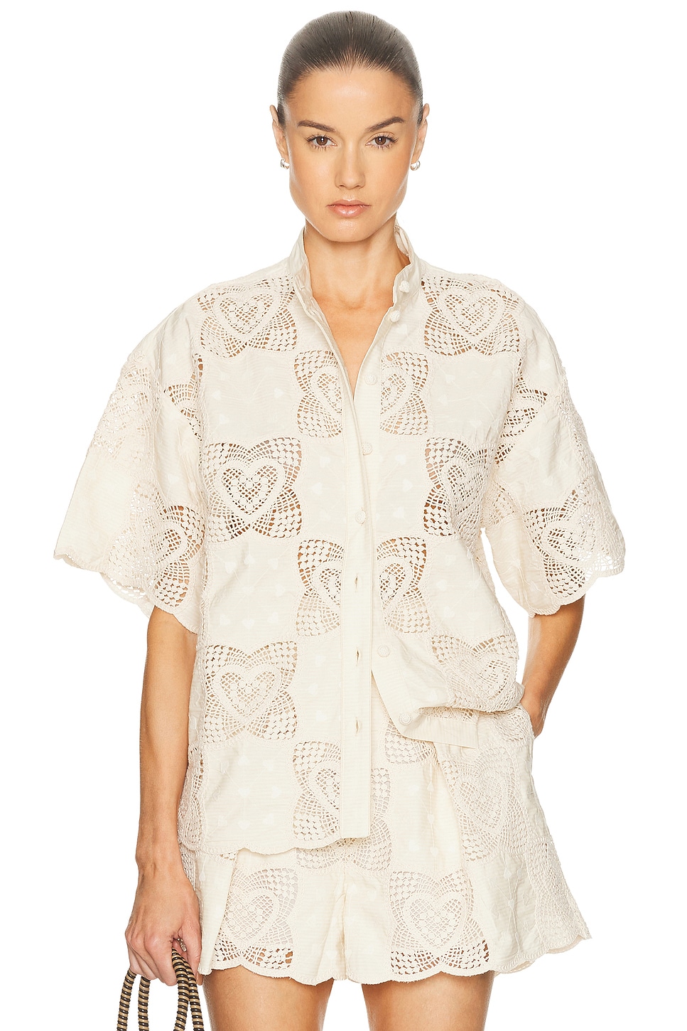 Image 1 of Zimmermann Wanderlust Button Down Short Sleeve Top in Cream & Ivory