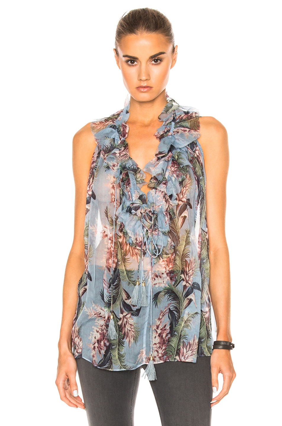 Image 1 of Zimmermann Winsome Ruffle Top in Sky Sunbleach Floral
