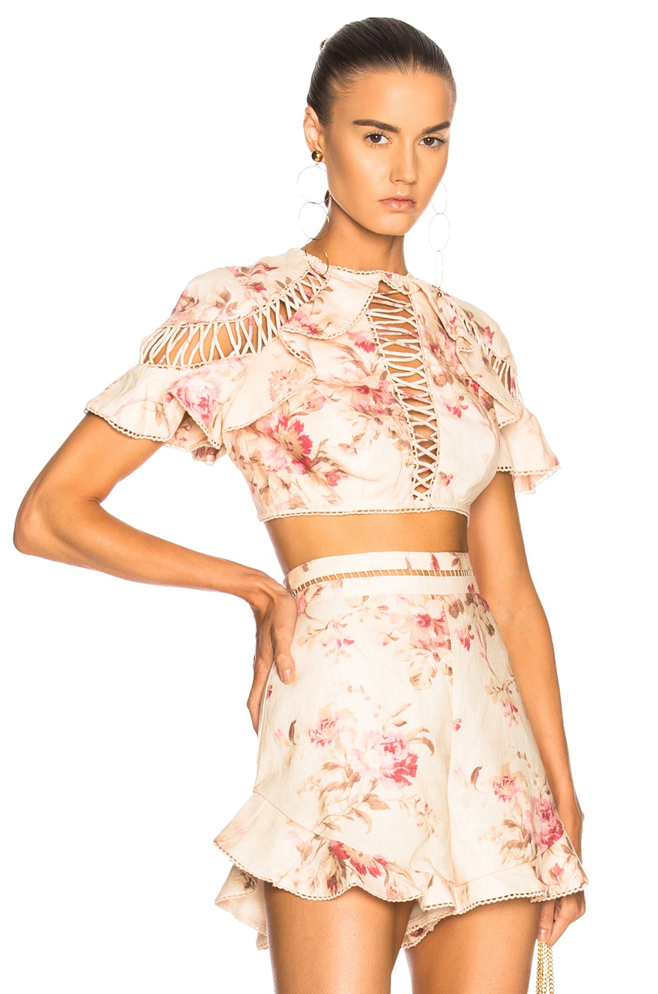 Image 1 of Zimmermann Corsair Flutter Lace Up Top in Cream Floral