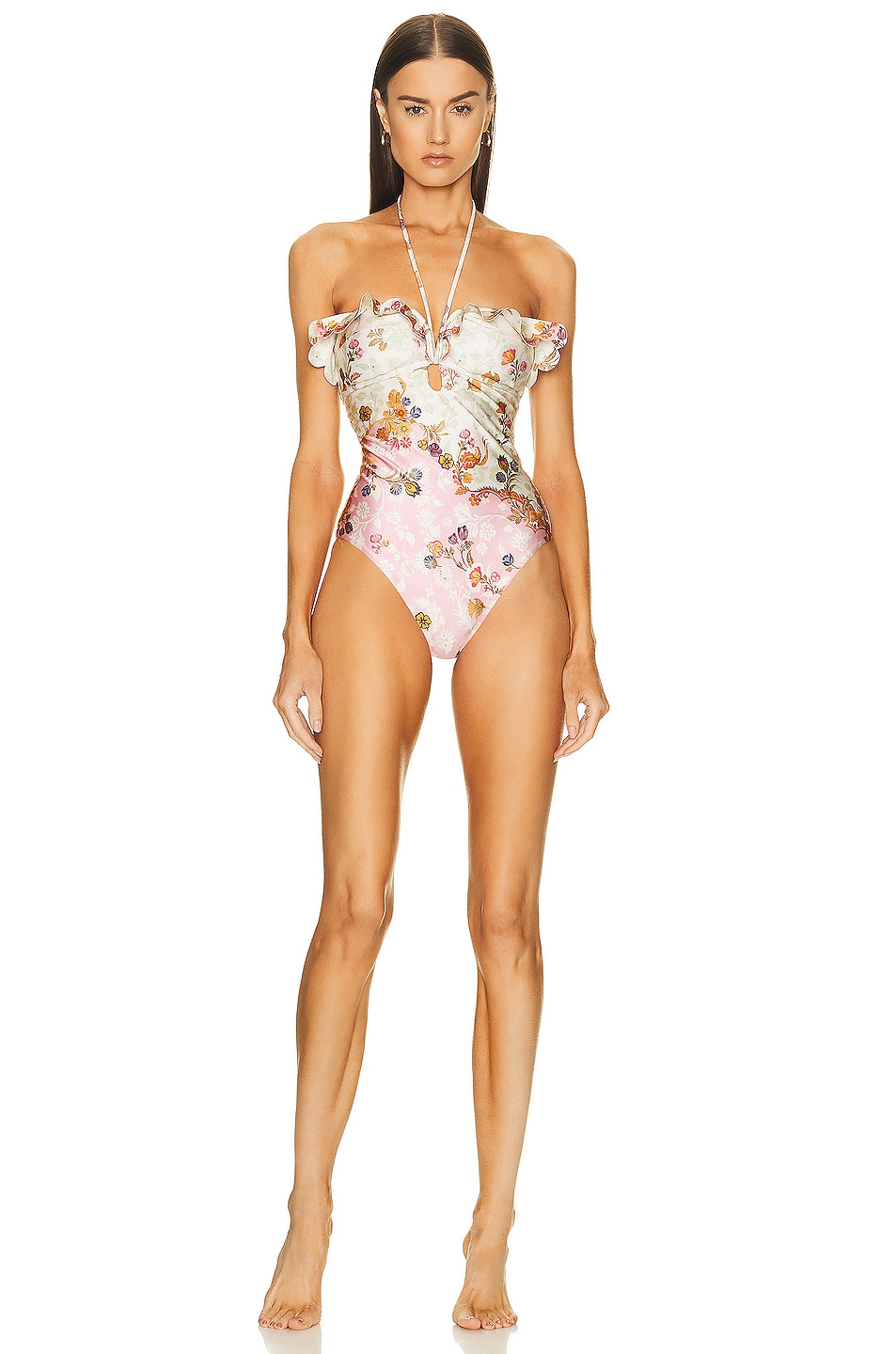 Image 1 of Zimmermann Laurel Wire Frill Halter One Piece Swimsuit in Pink & Green Floral