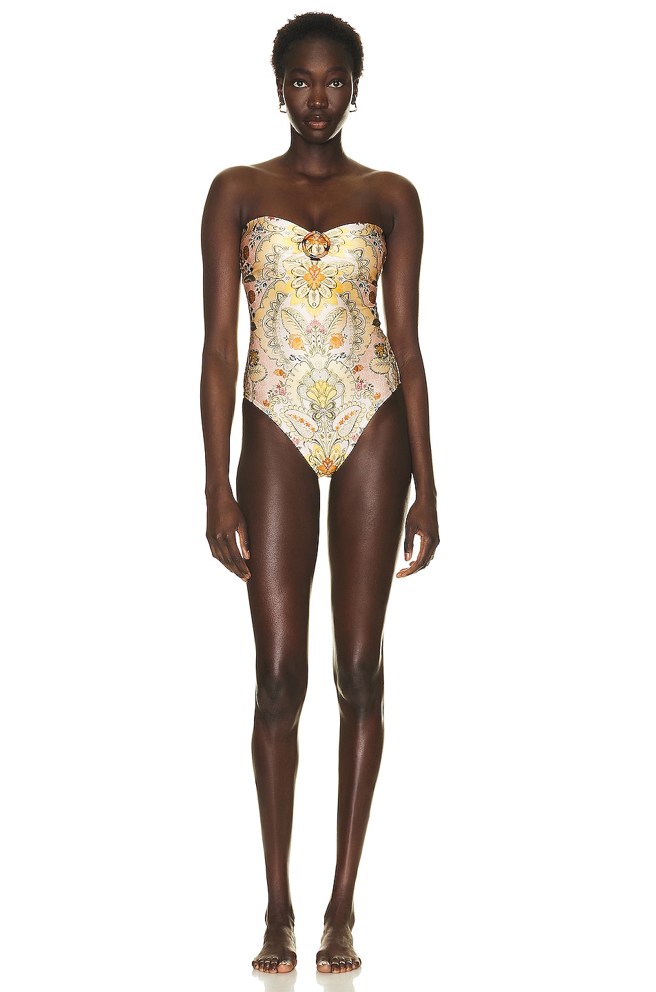Image 1 of Zimmermann Laurel Bamboo Ring Bandeau One Piece Swimsuit in Mustard Baroque Floral