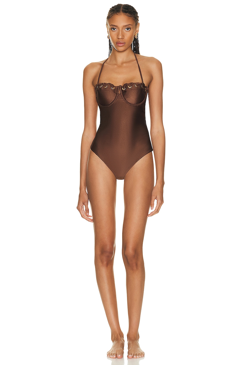 Image 1 of Zimmermann Devi Eyelette Balconette One Piece Swimsuit in Chocolate