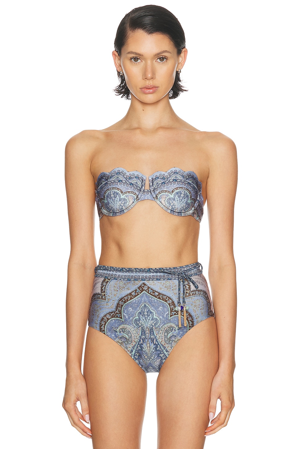 Image 1 of Zimmermann Wanderlust Scallop Balconette Bikini Top in Tapestry Blue Multi