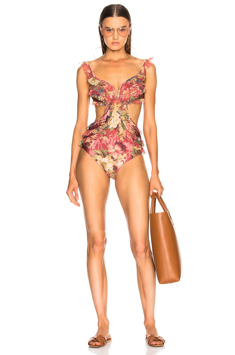 Image 1 of Zimmermann Melody Frill Off Shoulder Swimsuit in Burgundy Floral