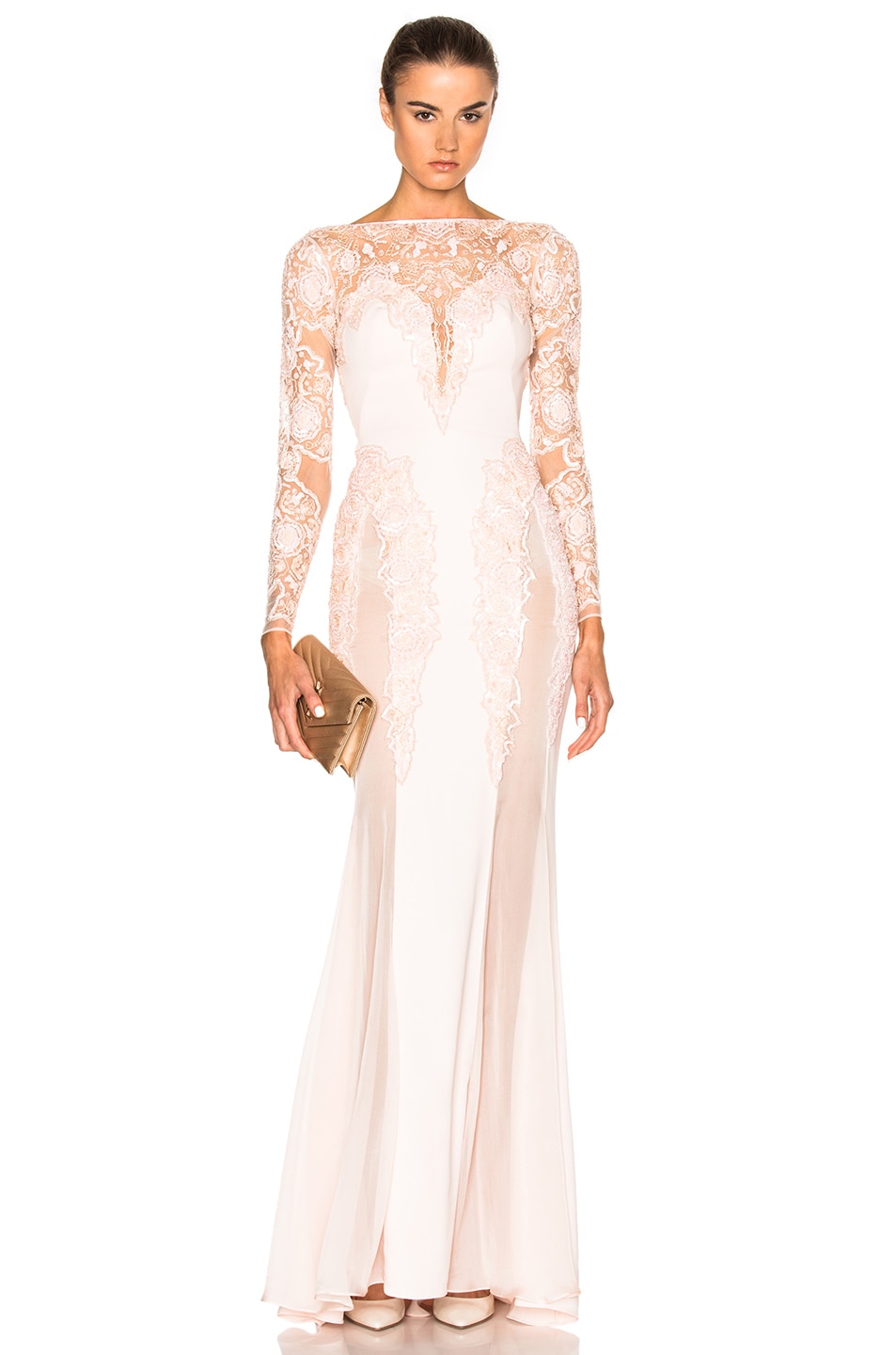 Image 1 of Zuhair Murad Embroidered Long Fitted Dress in Powder