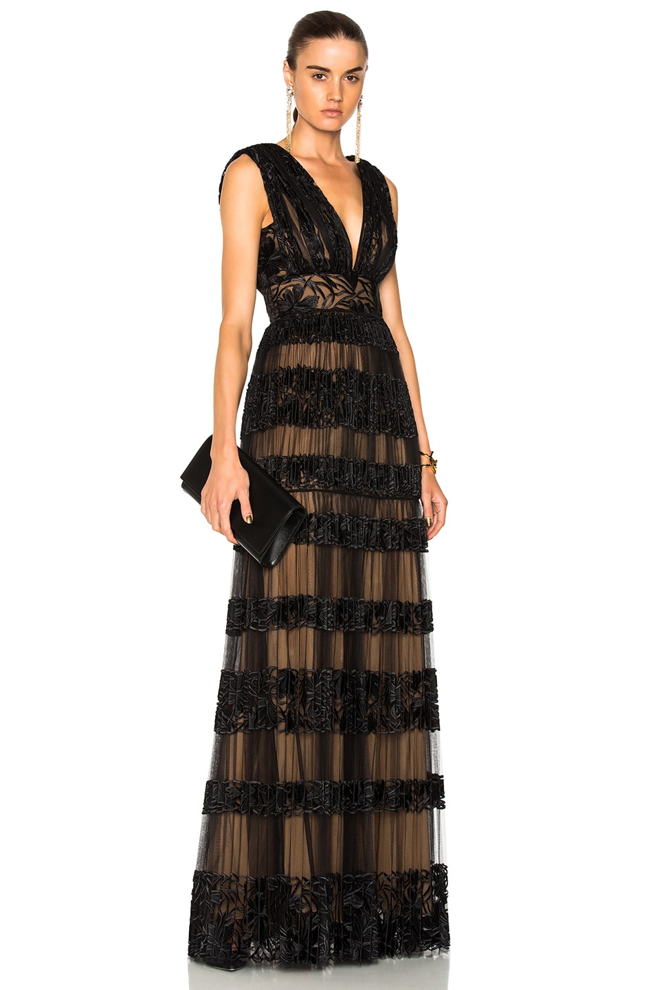 Image 1 of Zuhair Murad Long Embroidered Tulle Lace Border Gown in Black