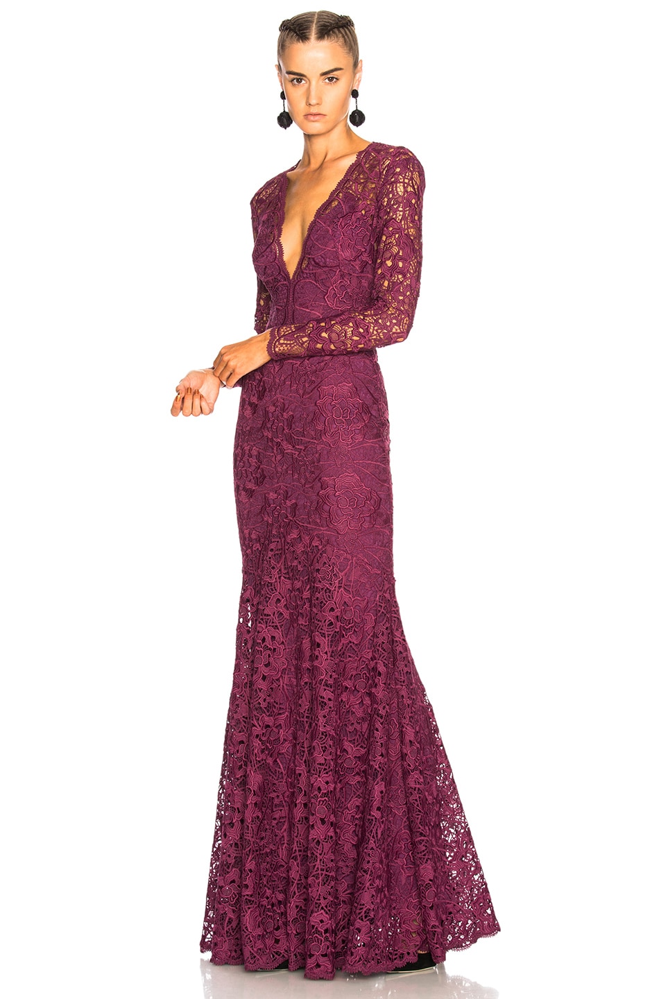 Image 1 of Zuhair Murad Long Plunging Neckline Guipure Lace Dress in Amaranth