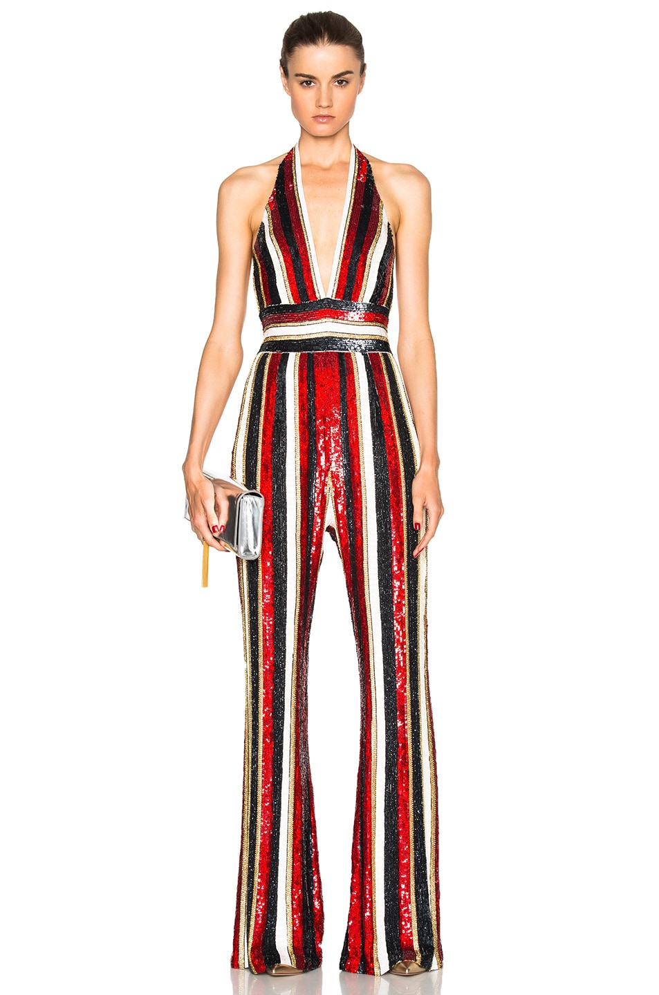Image 1 of Zuhair Murad Embroidered Stripe Jumpsuit in Black, Gold & White