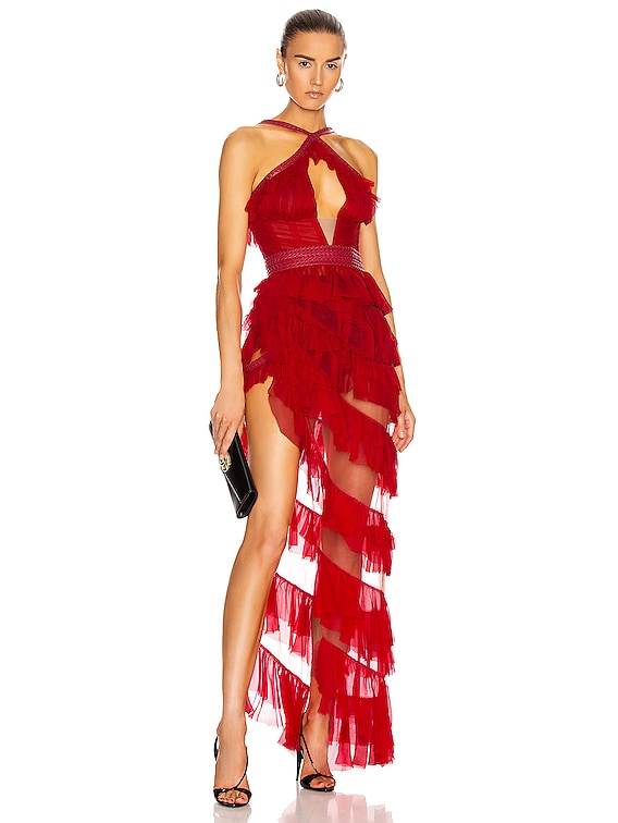 balenciaga asymmetric dress Express Y2K Red Silk Ruffle Asymmetric Dress