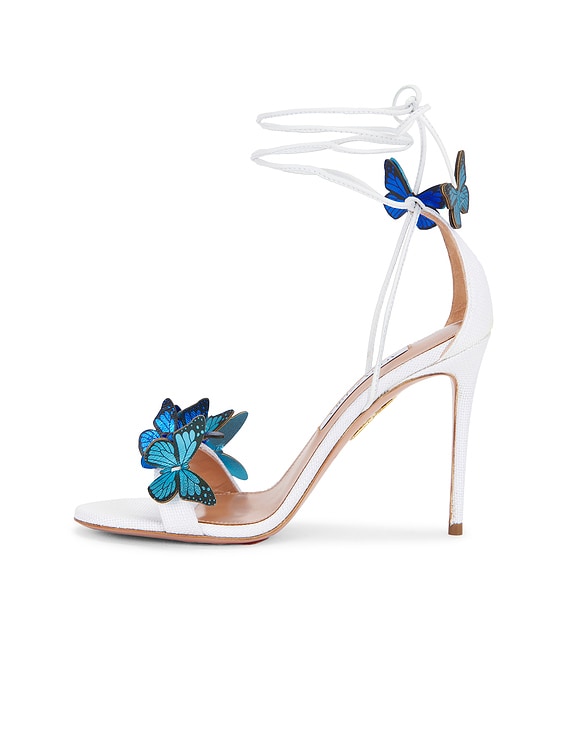 Aquazzura Papillon 105 Sandal in White & Blue Multi | FWRD