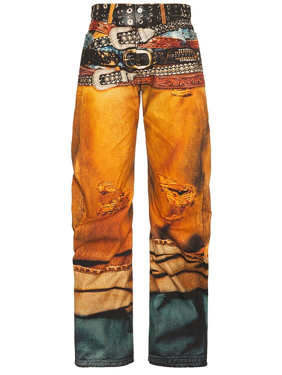 Acne Studios 2006m Stacked Belts Trompe L'oeil Denim Jean in Rust