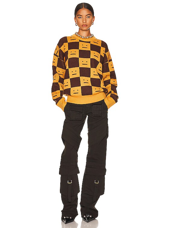 Acne Studios Checkerboard Sweater in Ochre Orange & Coffee Brown