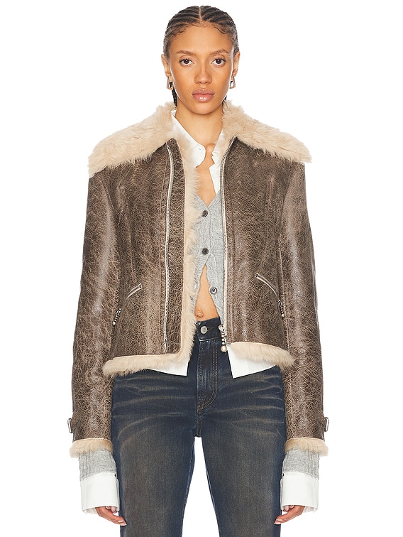 Acne Studios Lella Leather Jacket in Grey & Beige | FWRD