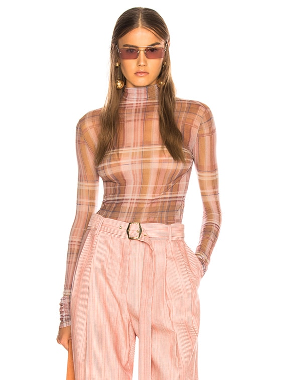Acne Studios Sheer Plaid Turtleneck Top in Pink & Bronze | FWRD