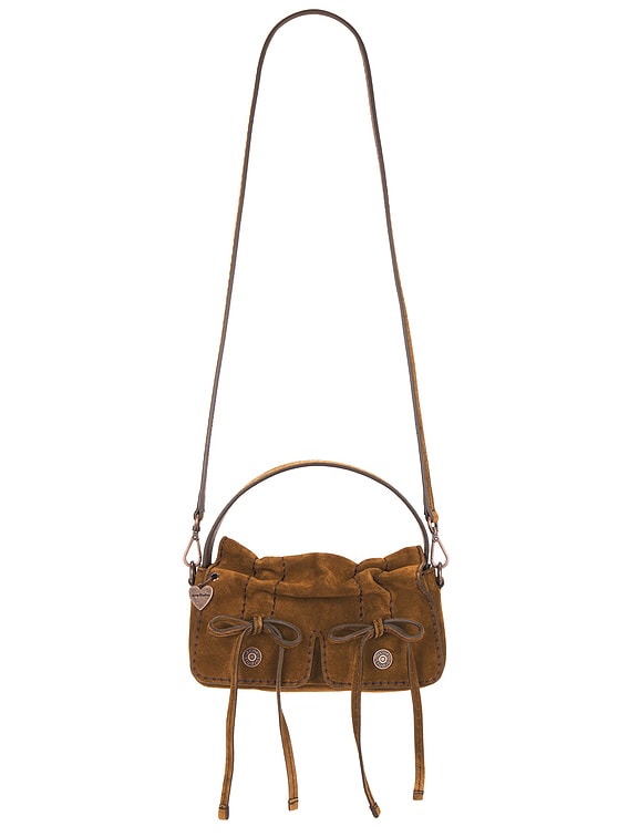 Acne Studios Multipocket Micro Crossbody Suede Bag in Cognac Brown