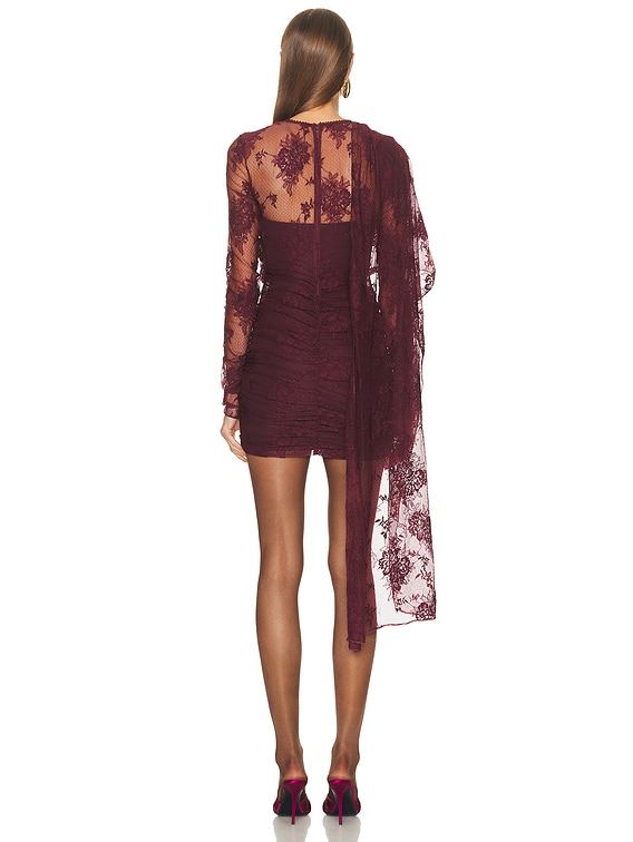 The Andamane Xenia Lace Cape Effect Mini Dress in Cabernet | FWRD