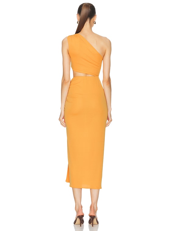 The Andamane Riri One Shoulder Cut Out Midi Dress in Amber