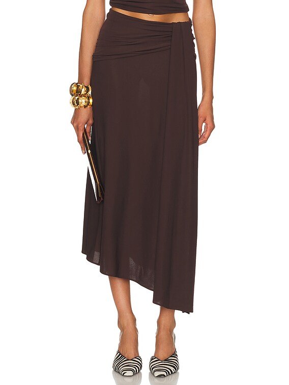 【関税&送料込】THE ANDAMANE Skirts Brown The Andamane Wren Draped Midi Skirt in Dark Brown | FWRD