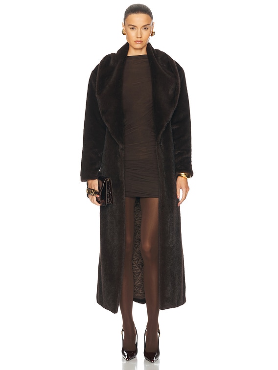 AEXAE Faux Fur Long Line Belted Coat in Brown | FWRD