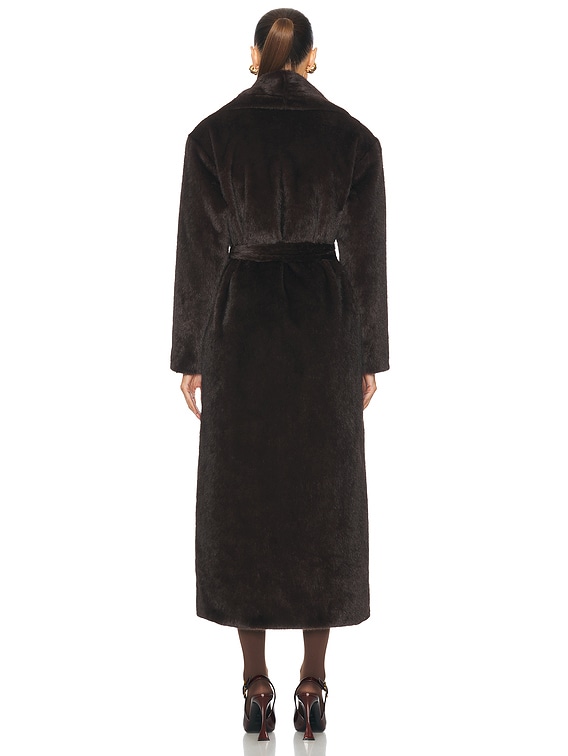 AEXAE Faux Fur Long Line Belted Coat in Brown | FWRD