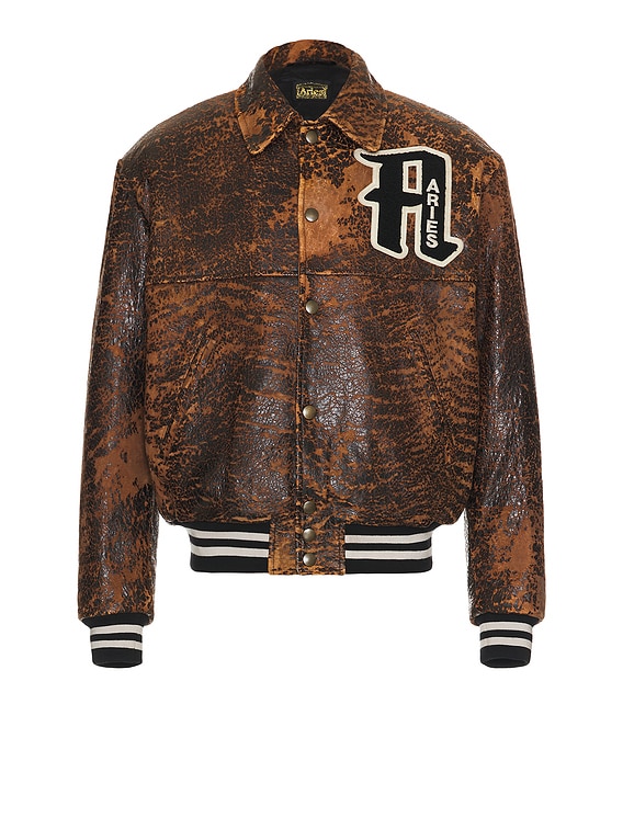 Aries Distressed Leather Letterman Jacket in Brown | FWRD Aries Distressed Leather Letterman Jacket in Brown | FWRD