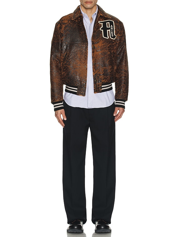 重盛さと美×AFGK WESTERN VIRSITY JACKET XL Aries Distressed Leather Letterman Jacket in Brown | FWRD