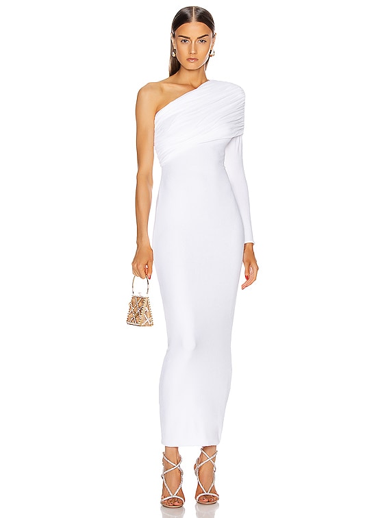 one shoulder white gown