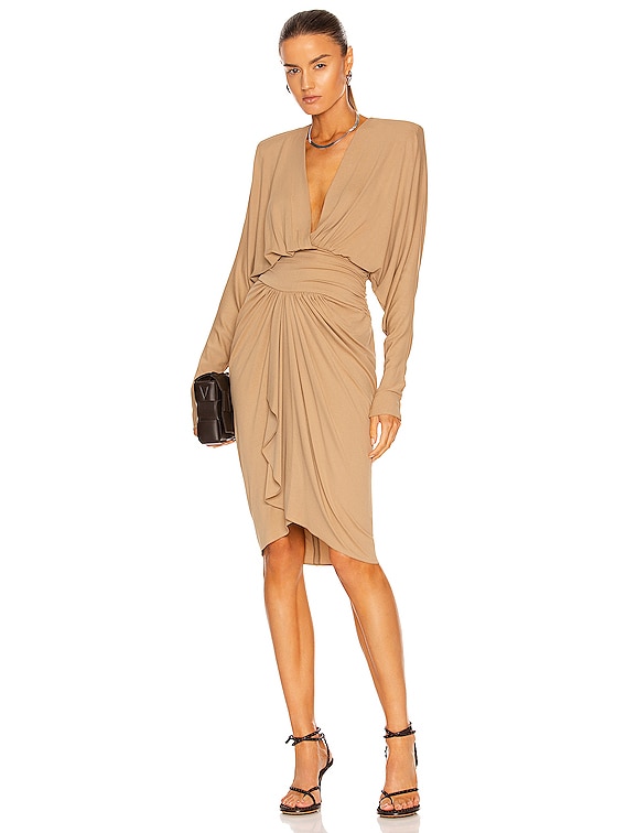 beige ruched midi dress Golden Hour Ruched Midi Dress| Neutral Beige Bodycon Dress
