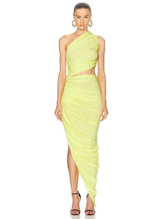 【ALAIA直営店】ROBE A FINES BRETELLES EN CUIR ALAÏA Asymmetrical One Shoulder Maxi Dress in Jaune Clair | FWRD