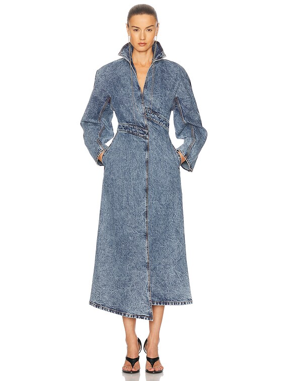 ALAÏA Spiral Trench Coat in Bleu Neige | FWRD