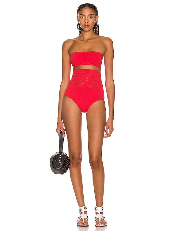 ALAÏA Seamless Perforated Bikini Set in Ecarlate