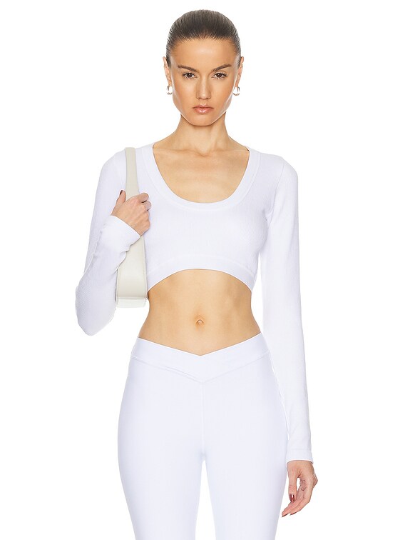 alo Seamless Ribbed Cropped Serene Long Sleeve Top in White | FWRD