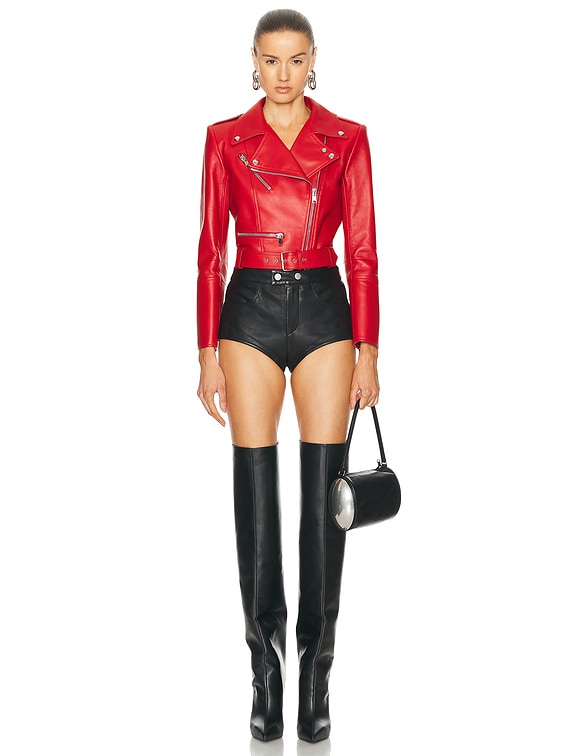 McQueen Leather Cropped Biker Jacket in Welsh Red | FWRD