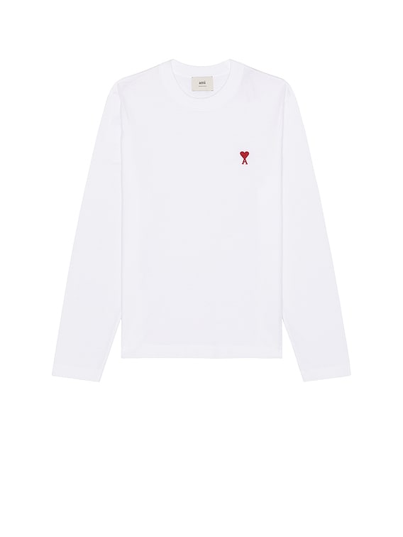 AMI｜ (Red ADC Long Sleeve T-Shirt(UTS235 724 221)) AMI Paris Red ADC Long Sleeve T-Shirt in White | FWRD