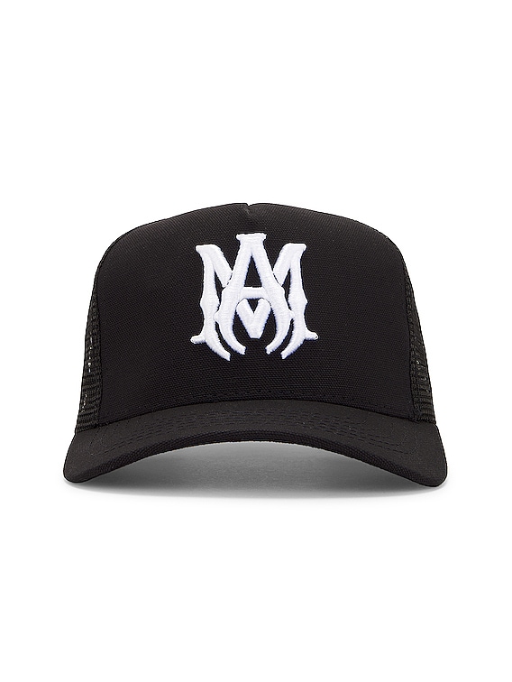 Amiri Ma Logo Trucker Hat in Black & White | FWRD